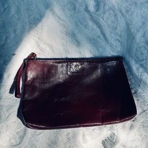 Vintage 70s OXBLOOD LEATHER  CLUTCH Bag Purse Wristlet Strap